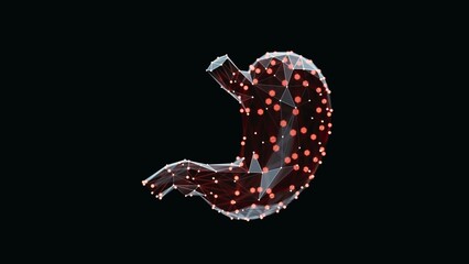3d render of a vibrant, low-poly stomach over dark background. Human Stomach wireframe made of light points. 3d illustration