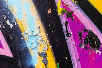 Fototapeta na wymiar Vibrant graffiti texture with peeling paint in neon pink, blue, yellow. Retro 90s, Y2K vibe, distressed, urban look. Background, textures, digital art, modern 90s, 2000s, Y2K creative banner.