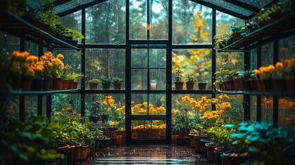 Greenhouse filled with vibrant yellow flowers and greenery