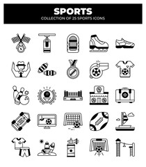 Collection of 25 Sports Icons. Sport Equipment. Game. and Activity Line Art