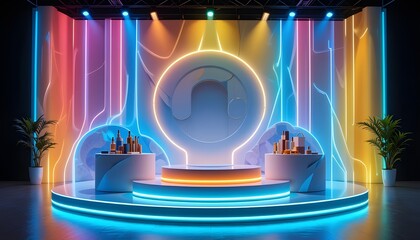 Neon-lit abstract podium stage for showcasing products