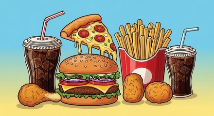 Fast food combo with burger, fries, drinks