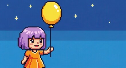Girl holding yellow balloon in pixel art style