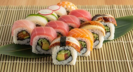 Variety of sushi rolls on bamboo mat showcasing traditional japanese cuisine