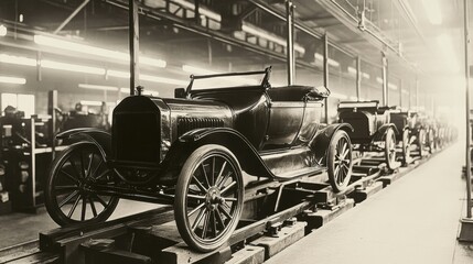 Vintage automobile assembly line in a factory showcasing early 20th-century car production techniques during the industrial era