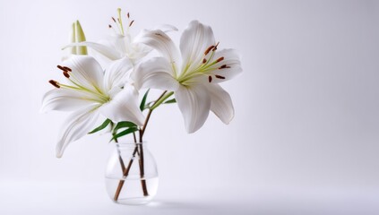 Fototapeta premium Soft white lilies arranged elegantly in a small vase, isolated on a white backdrop.