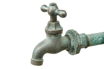 Old weathered brass water faucet isolated on a white background