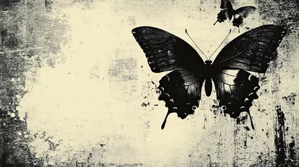Sierkussen Grunge vlinders Grunge gothic surreal poster with vintage stipple effects, butterflies, and monochrome design.  © Manzoor