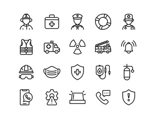Emergency Services Vector Icon Set | Adjustable Line Weight | Ambulance, firefighter, paramedic, rescue, medical, alarm, safety, call, police, siren, hazard, healthcare icons
