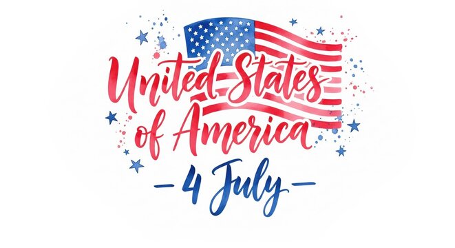 A greeting card for United States of America Independence Day celebration, decorative lettering text "United states of America Independence Day"