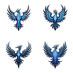 Blue Phoenix Bird Tattoo Emblem Set &ndash; Mythical Firebird Vector Icons with Tribal Wings


