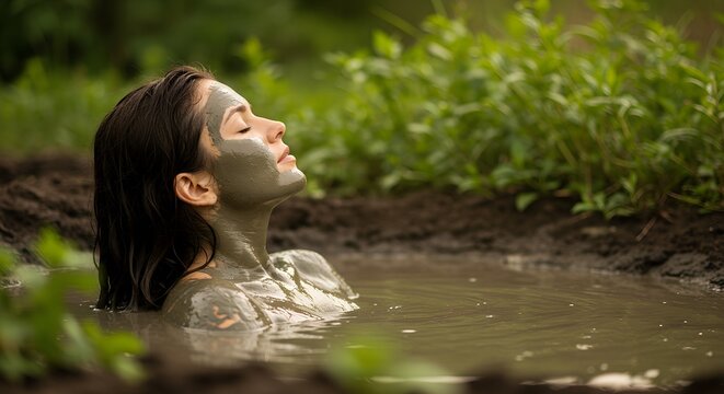 Woman relaxing in mud bath outdoors with clay facial mask  