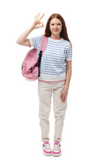 Teenage girl with backpack showing okay gesture on white background