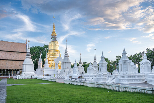 Sun set blue sky with ancient pagoda landscape in Suan Dok temple