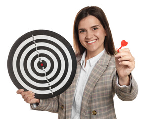 Targeting. Smiling businesswoman with dart board and arrow on white background