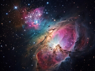 Colorful cosmos nebula gas cloud in space with stars in the background. Night sky, astronomy, wonder, wallpaper, backdrop