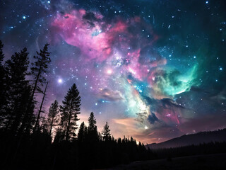 Colorful cosmos nebula gas cloud in space with stars in the background. Night sky, astronomy, wonder, wallpaper, backdrop