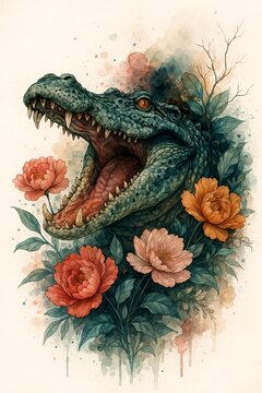 Crocodile in a watercolor style with flowers and foliage forming a floral backdrop