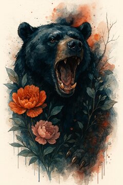 Bear in a watercolor style with flowers and foliage forming a floral backdrop