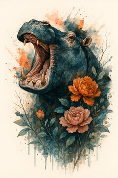 Hippo in a watercolor style with flowers and foliage forming a floral backdrop
