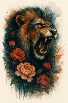 Lion in a watercolor style with flowers and foliage forming a floral backdrop