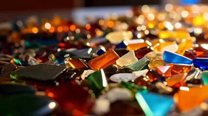Close-up of sparkling multicolored glass fragments and small stones in a blurred background with vibrant colors creating a bright, sunny atmosphere - Powered by Adobe