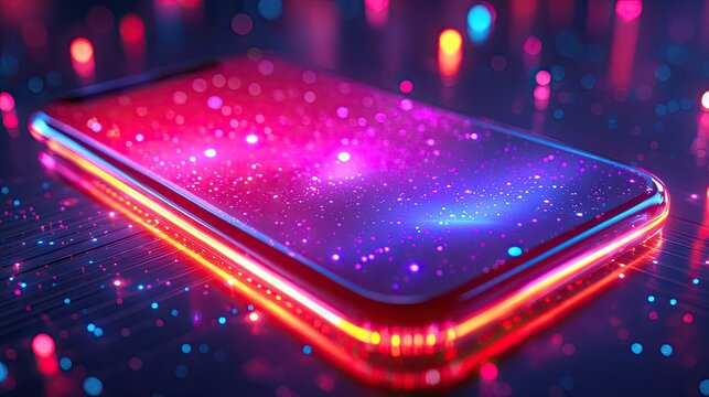 High-tech mobile device with vibrant neon glow, set against an abstract background with dazzling effects.
