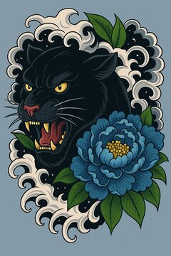 A black panther surrounded by waves and flowers, showcasing a vibrant and artistic composition.