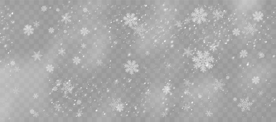 Snowflakes vary in form and symmetry. Storm-like sky filled with frosty debris. December overlays enhanced by flake diversity. Gray tones contrast with pure white snow.