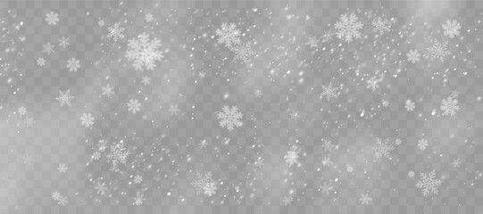 Fototapeta premium Overlay snow glows with gentle sparkling tones. Crystals float across transparent empty space. Vector snowflakes evoke winter magic. Snow overlay fits greeting cards and posters.