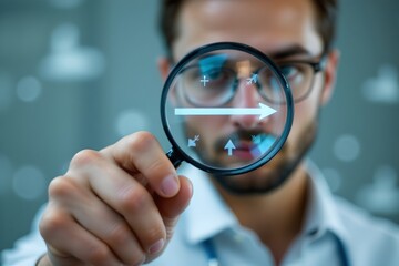 Analyzing data trends with a magnifying glass modern office environment professional photography focus on technology and insightful research