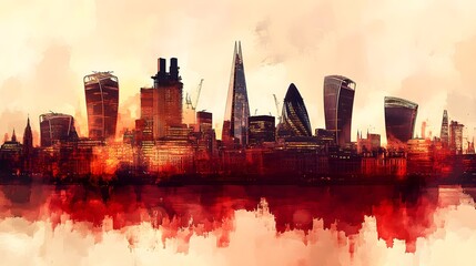 London skyline sunset cityscape watercolor art
