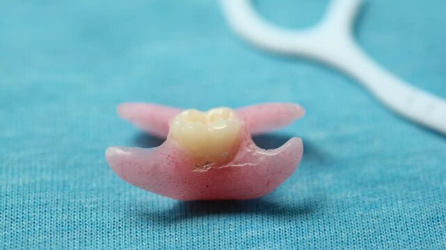 Removable partial denture and floss. Dental prosthesis and hygiene tools on blue. Medical object used in cosmetic dentistry.