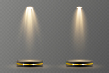 Light beam shines directly with elegant symmetry. Projector glow suits concert and spotlight vector. Transparent reflection adds realism to scene. Studio lighting helps isolate presentation element.