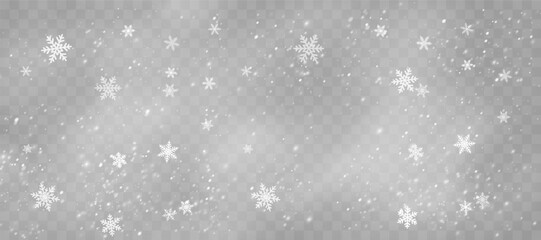 Snowflakes vary in form and symmetry. Storm-like sky filled with frosty debris. December overlays enhanced by flake diversity. Gray tones contrast with pure white snow.