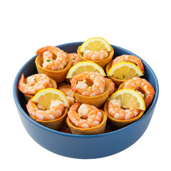 A vibrant bowl of shrimp cocktail served in crispy cups with lemon slices, ideal for parties