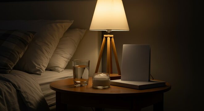 Cozy bedside table with lamp, water glass, and book at night  