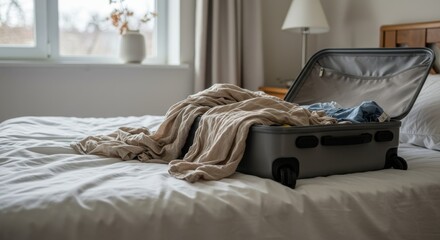 Packed suitcase on bed with clothes and soft blanket in bedroom  