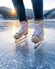 Ice Skating on Frozen Lake at Sunset with Skates