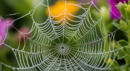 Spiderweb adorned with morning dew in vibrant garden