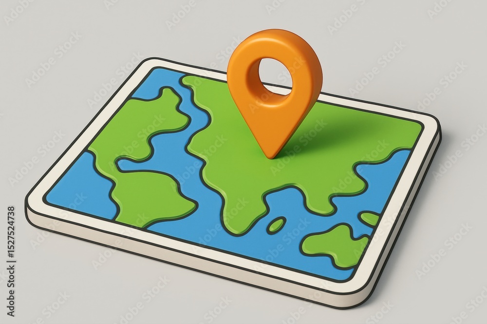 Fototapete finding location on map with pointer icon on green and blue land