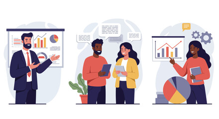 Three people working at their desks with computers laptops and books in a modern office setting