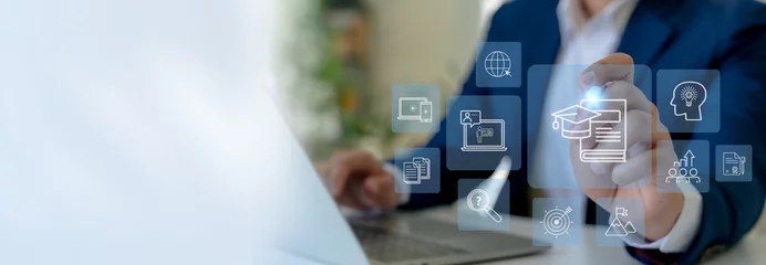 Gordijnen Online Education and E-Learning Concept. Interacts with virtual education icons on a digital interface, remote and online learning, digital training, webinars on the internet for personal development. © Parradee