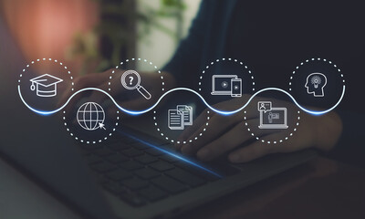 Online Education and E-Learning Concept. Interacts with virtual education icons on a digital interface, remote and online learning, digital training, webinars on the internet for personal development.