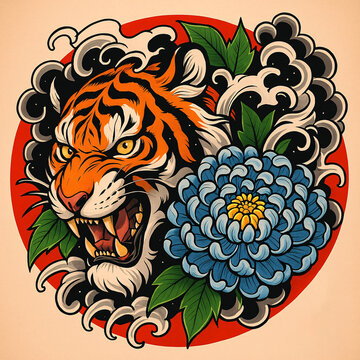 A tiger surrounded by a red circle and colorful flowers, showcasing a vibrant and artistic composition.