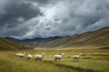 Fototapeta premium A group of llamas grazing peacefully on green hills under a dramatic cloudy sky, panoramic view,