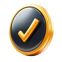 Gold Checkmark Icon Glossy Validation Sign Approved Quality Graphic Symbol on transparent background