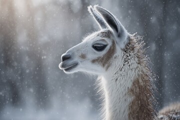 A llama standing in a light snowfall, each snowflake visible on its thick fur, with soft winter light around