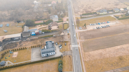 Foggy day in peaceful countryside village