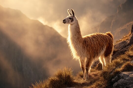 A majestic llama on a misty mountain ridge at sunrise, with rays of golden light casting soft glows on its fur - Powered by Adobe
